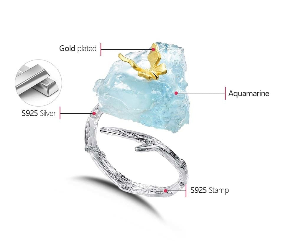 Handmade Aquamarine Crystal Butterfly Ring - Misty and Molly