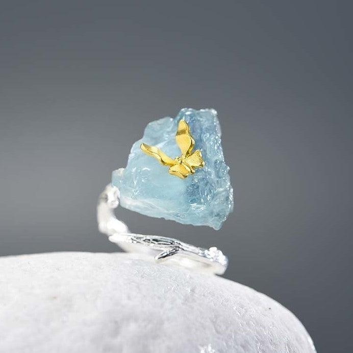 Handmade Aquamarine Crystal Butterfly Ring - Misty and Molly