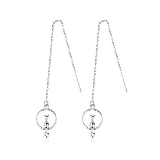 Silver Cat on Moon Earrings - Misty and Molly